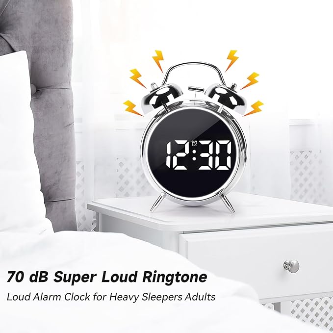Digital Small Alarm Clock, 4.5 Inch Double Bell Electronic LED Alarm Clock, Plug in or Battery Operated Silent Metal Table Clock, Bedside Loud Bell Clock for Heavy Sleepers Adults Kids (Silvery)