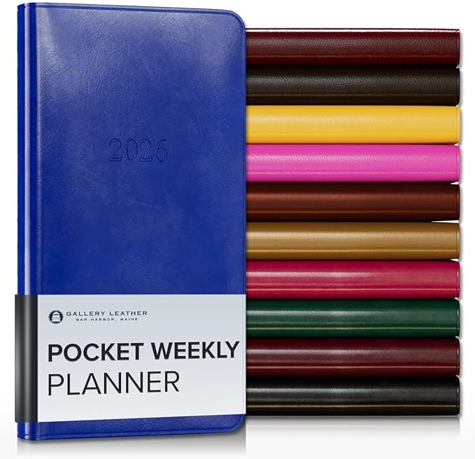 Gallery Leather Pocket Weekly Monthly Planner 2025-2026, Elegantly Bound Calendar Planner and Notebook with Stylish Gold-Gilded Page Edges, 12 Months - Acadia Malibu - 6 x 3.25 "