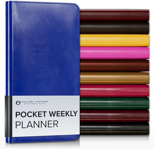 Gallery Leather Pocket Weekly Monthly Planner 2025-2026, Elegantly Bound Calendar Planner and Notebook with Stylish Gold-Gilded Page Edges, 12 Months - Acadia Malibu - 6 x 3.25 "
