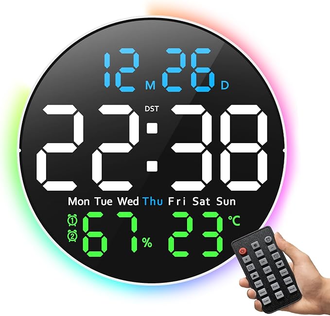 Digital Wall Clock, 10 inch Large LED Display Digital Clock with RGB Light, Remote Control, Auto-Brightness Dimmer with Night Lights, 2 Alarm, Silent Wall Clock Show Date Week DST Temp