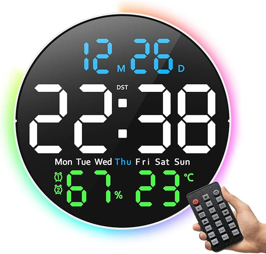 Digital Wall Clock, 10 inch Large LED Display Digital Clock with RGB Light, Remote Control, Auto-Brightness Dimmer with Night Lights, 2 Alarm, Silent Wall Clock Show Date Week DST Temp