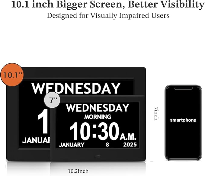 10.1'' Digital Clock, 1280*800p HD Extra Large Display, Digital Clock With Date, Time, Day Of Week, 10 Reminders & 6 Alarms, Auto Dimming & DST, Remote Control, Dementia Clock For Seniors, Black
