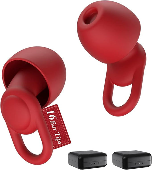 Silicone Ear Plugs for Noise Reduction - Reusable Soft Comfortable Earplugs for Sleeping,Noise Sensitivity & Flights -16 Ear Tips in XS/S/M/L, with 2 Travel Boxes - 33dB Noise Cancelling (Red)