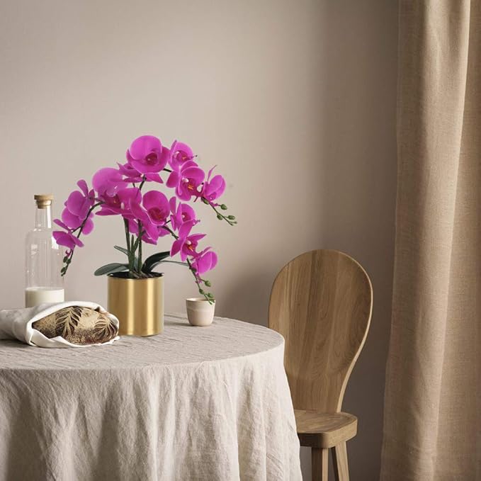 LESING Artificial Orchid Flower with Vase, White Orchid Bonsai Faux Orchid Phalaenopsis Plant Pot Arrangements for Home Decoration (Purple,Gold Vase)