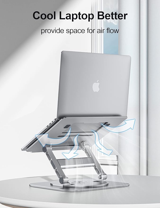 Laptop Stand for Desk, 360 Rotating Base Aluminum Computer Stand Ergonomic Laptop Riser Notebook Holder Fits up to 17-Inch Laptop, Silver
