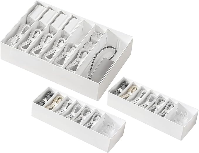 3 Pcs Cable Organizer Box with Wire Ties, Plastic Cord Charger Storage with 8 Compartments, Electronics Organizer for Home Office, Desk Drawer Stationery Stackable, White