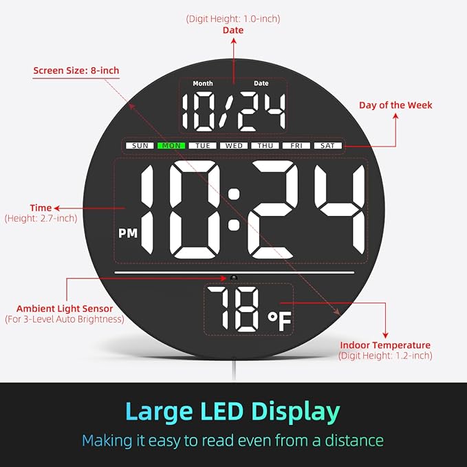 Digital Wall Clock with Large LED Display, Date, Temperature, Auto-Brightness | Small [PLUG-IN] Clock | Modern Electric Wall Clock for Bedroom, Classroom, Living Room, Home, Office, Farmhouse – White