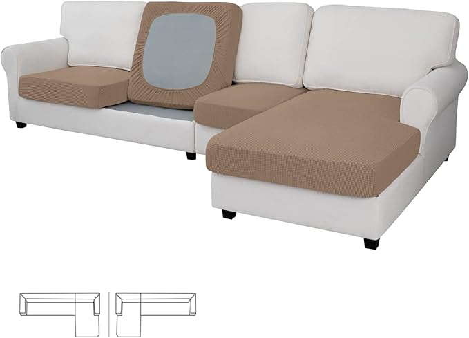 Easy-Going Stretch 4 Pieces Couch Cushion Covers for Sectional Sofa Left/Right L Shape Chaise Lounge Sofa Seat slipcover Anti-Slip Sofa Cover Soft (3 Seater + 1 Chaise, Camel)