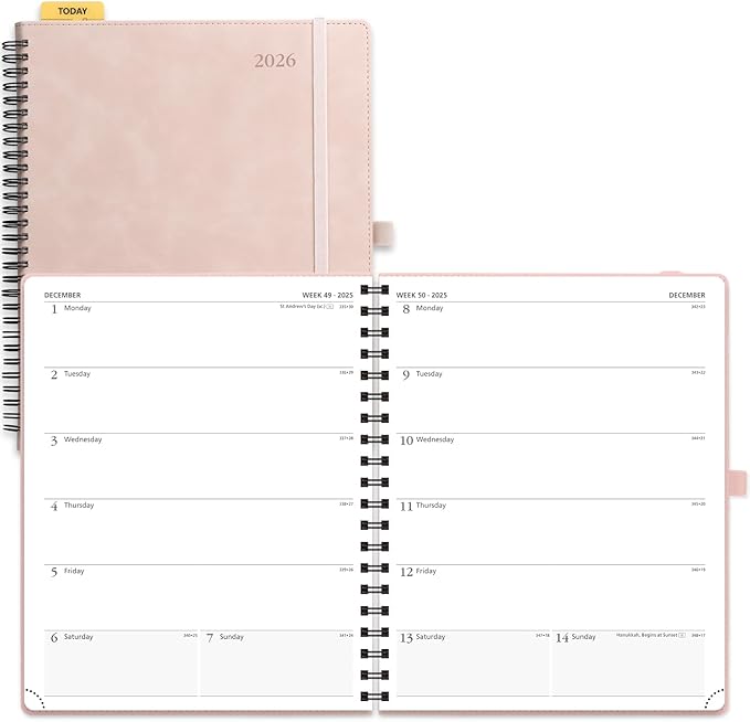 POPRUN 2026 Planner Weekly Notebook Calendar (Jan-Dec), Large Size 8.5'' x 10.5'' - Agenda 2026 Appointment Book with Monthly Tabs, Inner Pocket, Spiral Soft Cover, 100 GSM TJ - Soft Pink