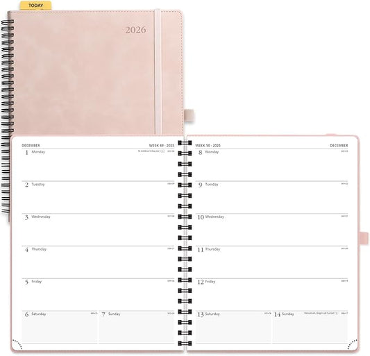 POPRUN 2026 Planner Weekly Notebook Calendar (Jan-Dec), Large Size 8.5'' x 10.5'' - Agenda 2026 Appointment Book with Monthly Tabs, Inner Pocket, Spiral Soft Cover, 100 GSM TJ - Soft Pink