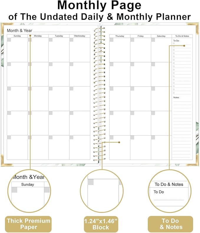Undated Daily Monthly Planner for 2025 2026 - A5 To Do List with Hourly Schedule, Hardcover Spiral Bound Daily Planner to Increase Focus, Stylish School/Office Supplies, 5.8" x 8.5", Green Leaf