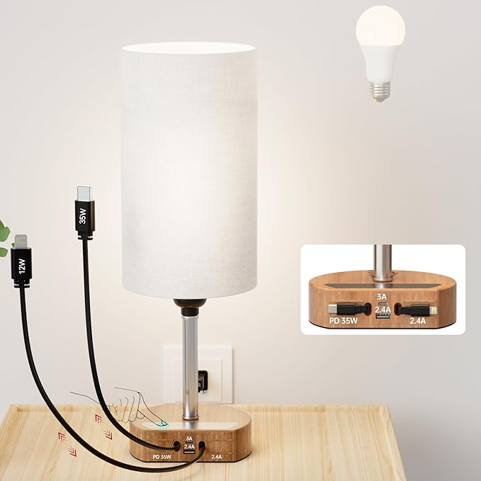 Bedside Lamp with Retractable Charging Cords, 74W Fast Charging Nightstand Lamp, 3-Way Dimmable Touch Lamp with LED Bulb, 4 in 1 Charging Station for iPhone, iPad, Desk, Office