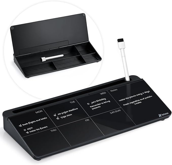 Varhomax Glass Weekly Planner Desk White Board, Desktop Calendar Whiteboard with Storage, to Do List Memo Caddy for Home Office and School Supplies, Black