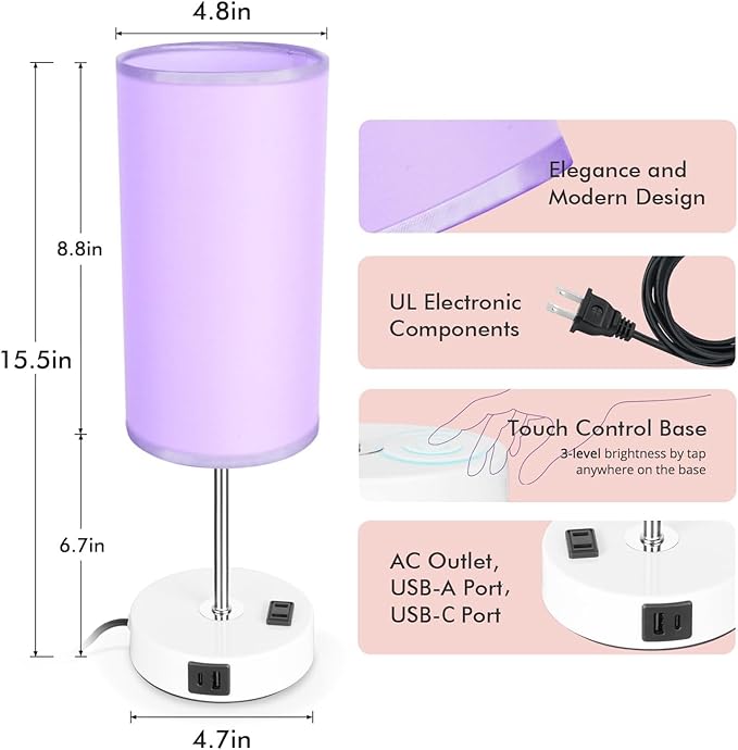 Bedside Table Lamp with USB Port - Touch Desk Lamp for Bedroom, 3 Way Dimmable Small Nightstand Lamp for Living Room, Bedroom Lamps for Room Decor, Purple