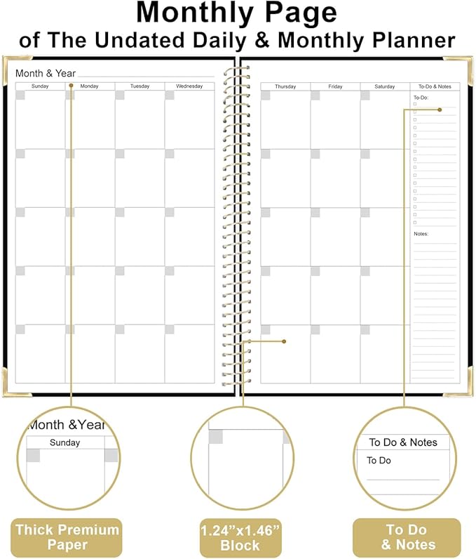 Undated Daily Monthly Planner for 2025 2026 - A5 To Do List with Hourly Schedule, Hardcover Spiral Bound Daily Planner to Increase Focus, Stylish School/Office Supplies, 5.8" x 8.5", Black