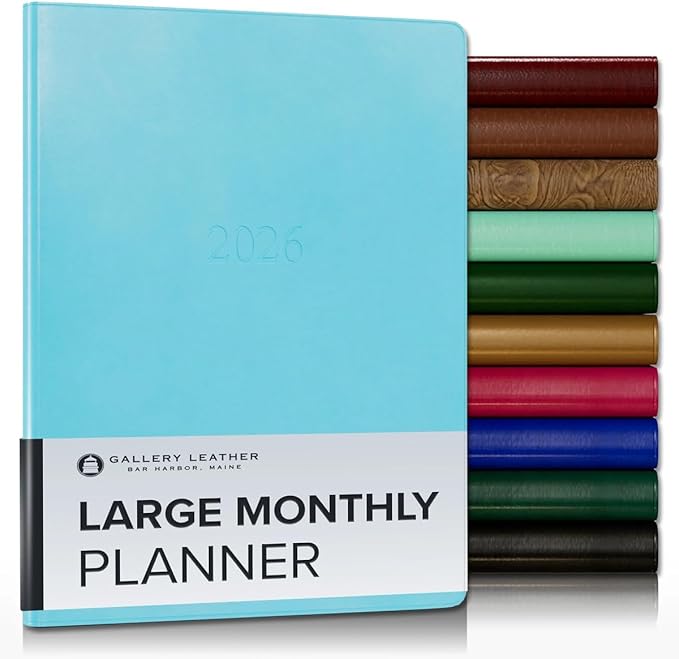 Gallery Leather Large Monthly Planner 2025-2026, Elegantly Bound Calendar Planner and Notebook with Stylish Gold-Gilded Page Edges, 18 Months - Acadia Pool - 9.75x7.5"