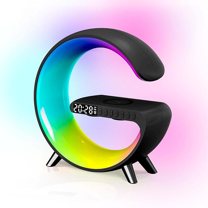 5-in-1 Smart Bedside Lamp with Bluetooth Speaker & APP Control, Wireless Charging Station, Sunrise Alarm Clock, RGB Mood Light, Ideal Gifts for Home, Office, Christmas (Black)