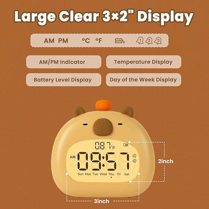 Capybara Alarm Clock with Night Light for Kids – Cute Digital Sleep Trainer with LED Display, 3 Alarms, Countdown Timer, Adjustable Brightness – Rechargeable Bedside Clock for Boys and Girls