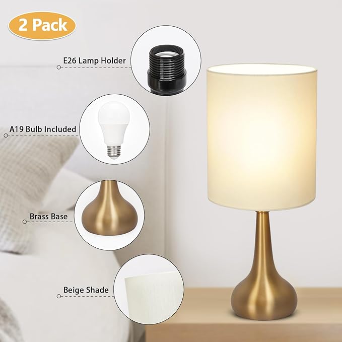 Boncoo Set of 2 Bedside Touch Lamps, 16 Inch Dimmable Small Nightstand Lamp, Night Light Lamp Simple Touch Table Lamp with Brass Metal Base for Living Room Bedroom Office, A19 3000K Led Bulb Included