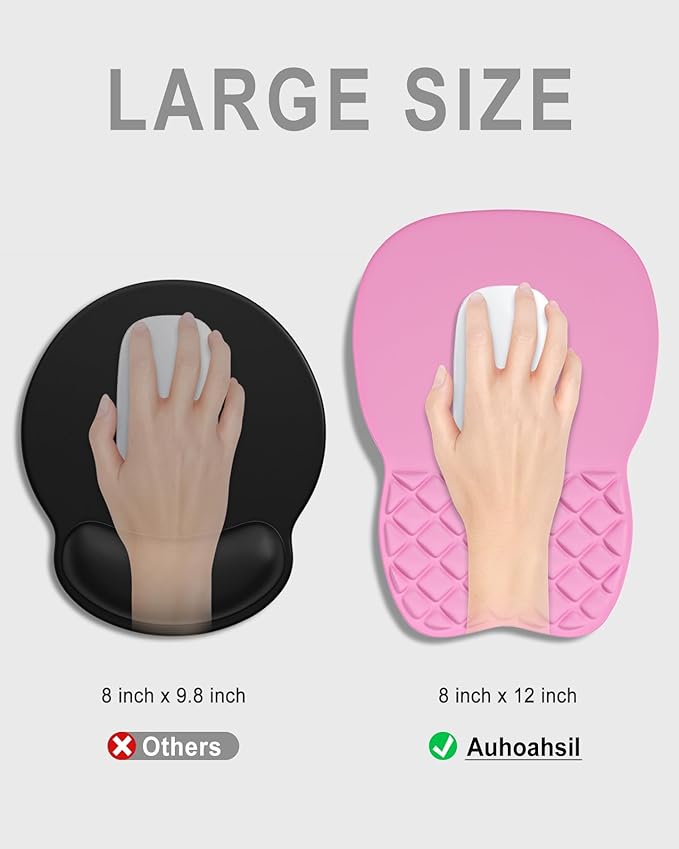 Auhoahsil Ergonomic Mouse Pad with Wrist Rest, Comfortable Slope Computer Mouse Mat with Wrist Support, Memory Foam Filling, Non-Slip Silicone Base, Pain Relief, for Gaming & Work, 8 x 12 in, Hot Pink
