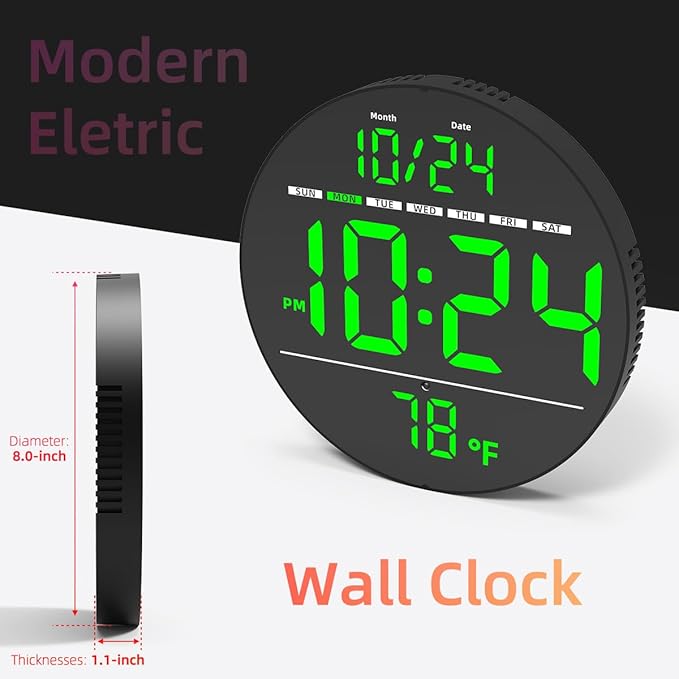 Digital Wall Clock with Large LED Display, Date, Temperature, Auto-Brightness | Small [PLUG-IN] Clock | Modern Electric Wall Clock for Bedroom, Classroom, Living Room, Home, Office, Farmhouse – Green