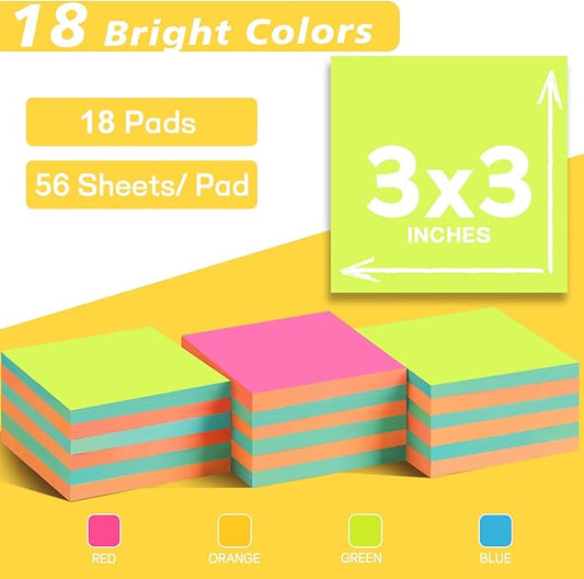 (18 Pads) Pop Up Sticky Notes 3x3 Refills, Alternating Color, Strong Adhesive Memo Pad Bulk, Suitable for Home, Office, School, Clean Removal