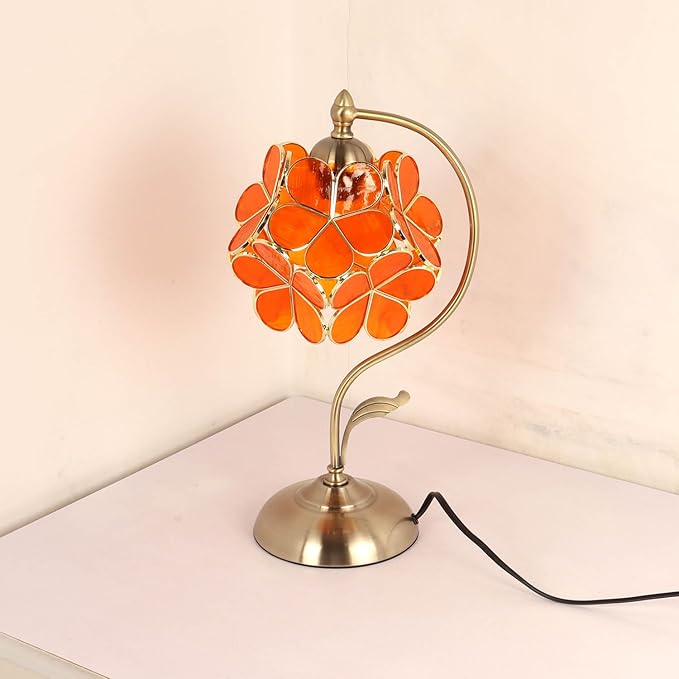 Bieye L10909 Tiffany Style Stained Glass Flower Petal Table Lamp with Brass Base for Home Décor (Orange Transparent, 8" Cherry Blossom)