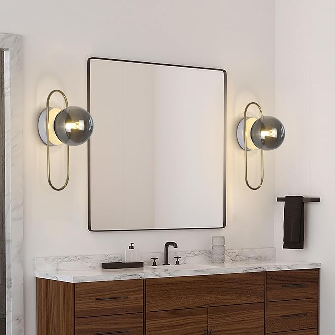 Modern Brass Wall Sconce Mid Century Glass Wall Sconces Brushed Gold Wall Lamp Vintage Wall Sconces Set of Two Hardwired Farmhouse Wall Light Fixtures (2 Pack)