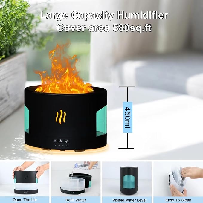 Oil Diffusers for Home Large Room, 450ml Air Humidifier with Bluetooth Speaker, White Noise and Remote, Flame Humidifier for Bedroom, Office, 7 Colors Diffuser Gifts
