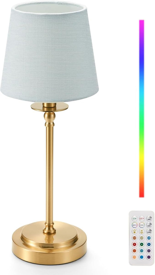 Egobasic Cordless Rechargeable Table Lamp with Remote, Small Portable Battery Operated Lamp with Timer, 12 RGB Lighting Dim, Restaurant Dining Bed Side Table Night Lights, Fabric Shade, Antique Brass