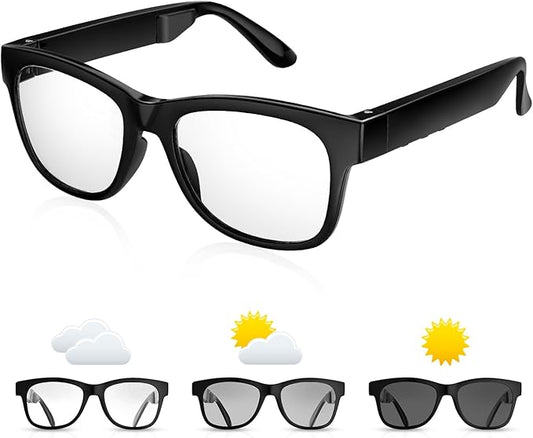 Smart Bone Conduction Glasses Bluetooth with Open-Ear Headphones, Photochromic Blue Light Blocking Lenses, IPX6 Waterproof, Hands-Free Calls/Music, Ideal Gifts for Dad/Men-Upgraded