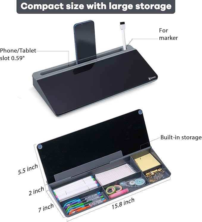 Varhomax Glass Desk Whiteboard with Storage, Desktop Organizer to-do List Memo Notepad Dry Erase White Board for Home Office and School Supplies (Gray&Black)