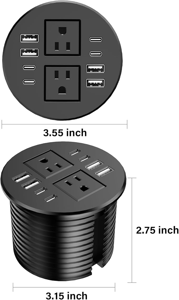 Jgstkcity Power Strip,Desktop Recessed Power Grommet,40W Total USB C Fast Charging,3.15-Inch Hole, 4 Outlets & 8 Ports, Ideal for Desktop & Countertop Flush Mount Outlet