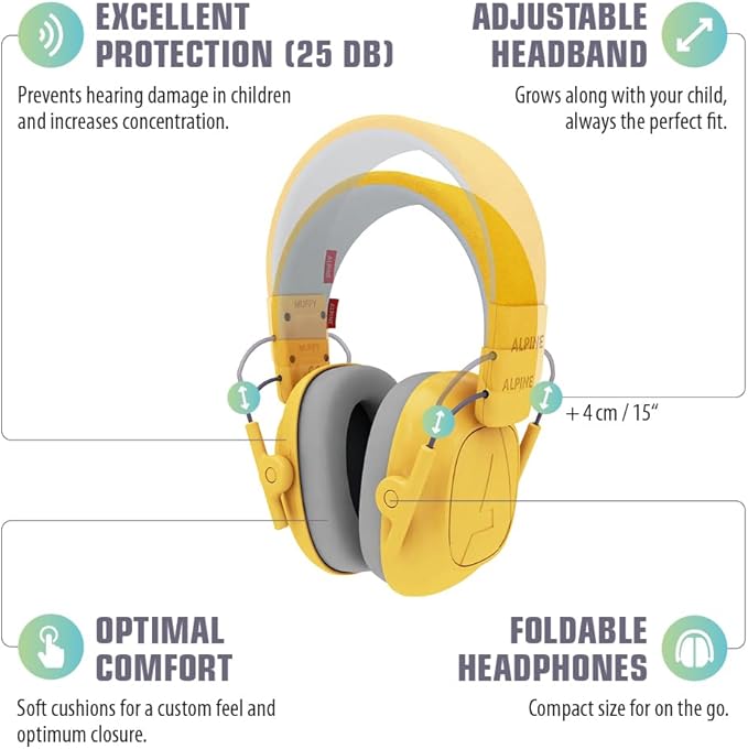 Alpine Muffy Kids - Hearing Protection - CE & ANSI Certified - Adjustable for Ages 3-16 years - Noise Cancelling Headphones - 25dB Sound Reduction Ideal for Protection and Concentration Aid - Yellow