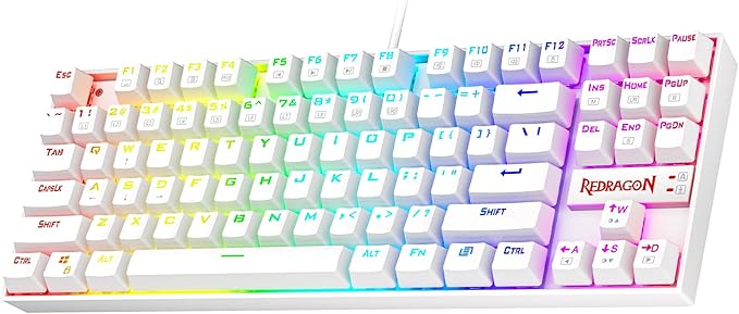 Redragon K552 Mechanical Gaming Keyboard, 87-Key Compact, LED Gaming Keyboard with Red Switches, Anti-Ghosting, Metal Frame for PC Gaming & Typing, Beginner-Friendly (White)