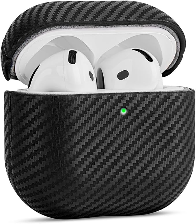 Leather Case - for AirPods 4 / AirPods 4 with Active Noise Cancellation Case Cover - Selected Skin-Friendly Leather, with Carbon Fibre Texture, Handmade Drop Protective Hard Cover - Black