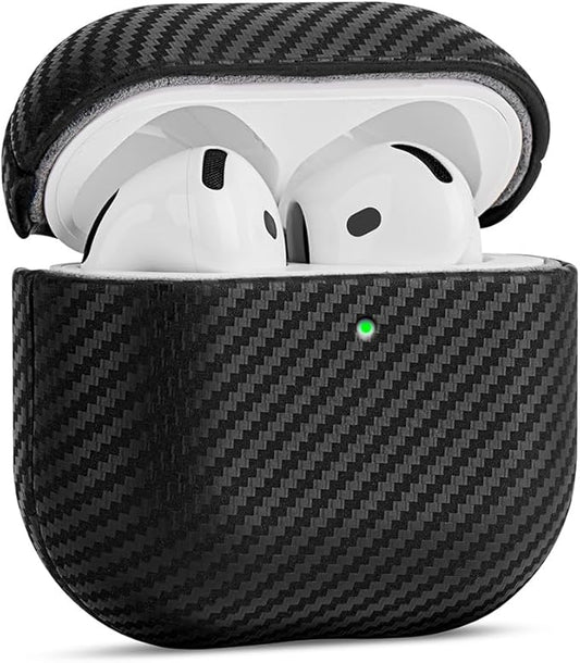 Leather Case - for AirPods 4 / AirPods 4 with Active Noise Cancellation Case Cover - Selected Skin-Friendly Leather, with Carbon Fibre Texture, Handmade Drop Protective Hard Cover - Black