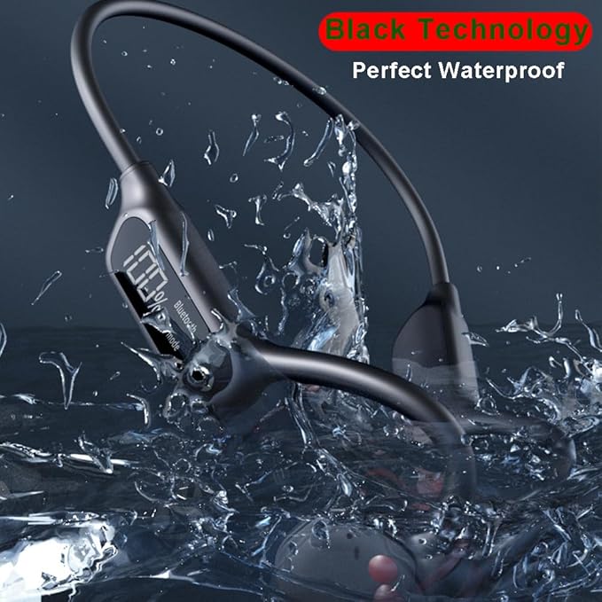Swimming Headphones Bone Conduction Open Ear Headset MP3 Player Built-in 32G Memory IP68 Underwater Waterproof Stereo Bluetooth Earphone LED Screen for Driving Bicycling Running Skiing-X10 Black