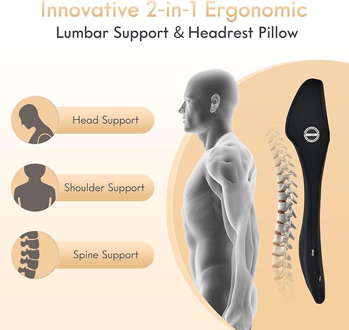 FLORICH Lumbar Support with Car Headrest Pillow 2-in-1 Memory Foam Car Seat Headrest & Lumbar Cushion Ergonomic Back Support Pillow Seat Cushion for Car Seat Driving Neck Back Pain Relief, Black
