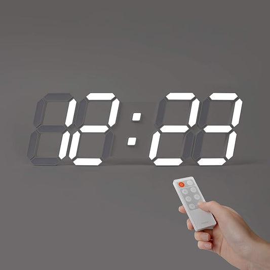 mooas 3D Pure Slim L LED Clock, Multi-Function LED Digital Clock (Calendar, Alarm, Temperature) (15.4" Slim L White Wall Clock with Remote Control)