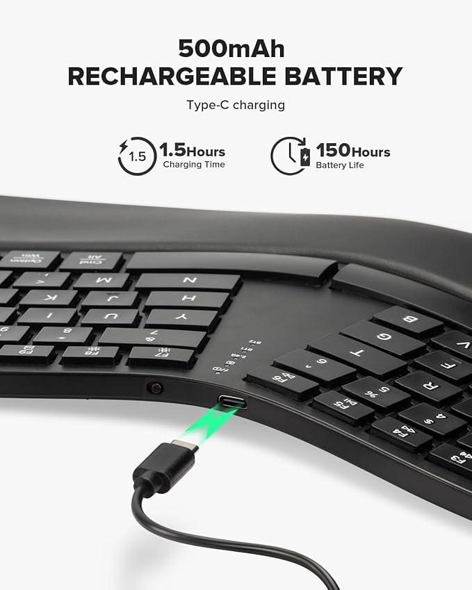 DeLUX Full Size Wireless Ergonomic Keyboard with Palm Rest, Ultra-Thin Split Keyboard, Bluetooth and 2.4G Connection, Rechargeable Battery, Natural Typing (GM909-Black)