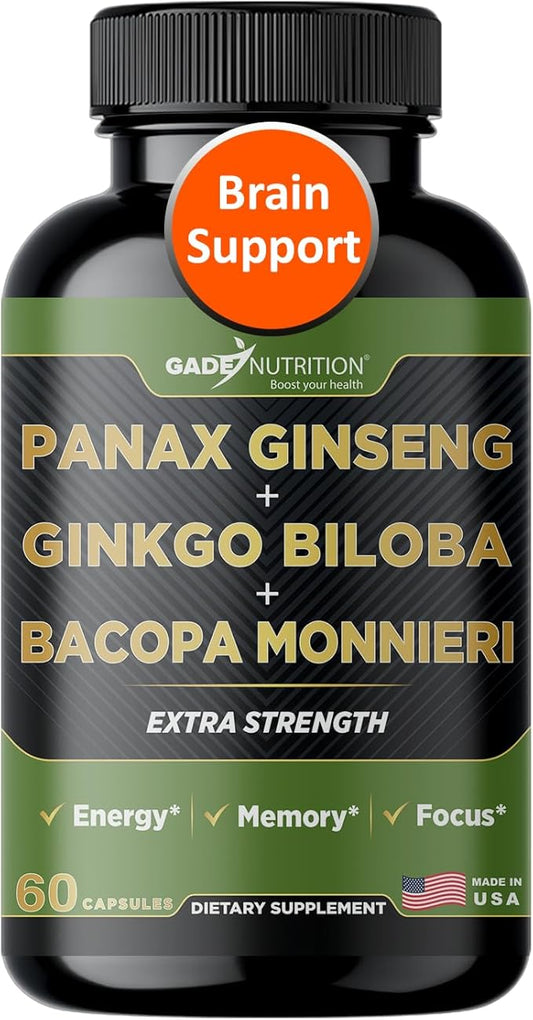 Gade Nutrition Ginkgo Biloba with Ginseng Supplement and Bacopa Monnieri | Brain Supplements for Memory and Focus with panax Ginseng & Ginko biloba Capsules - Memory Supplement for Brain