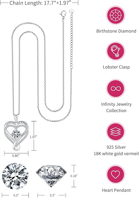 Jewelry for Women Wife Infinity Heart Birthstone I Love You Necklace S925 Anniversary Women Necklaces for Her Wife Birthday Gift Ideas, Birthday Present for Girlfriend Mom Daughter Sterling Silver