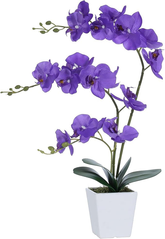 Faux Orchid in Vase Large Artificial Orchid in Ceramic Vase Silk Orchids with Stems Real Look Potted Phalaenopsis Flowers Arrangement Centerpiece Table Decorations for Home Decor Indoor, Purple