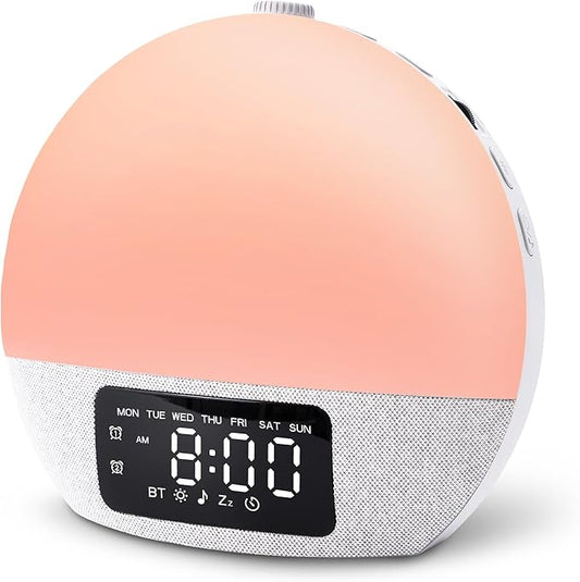Sunrise Alarm Clock White Noise Sound Machine with 25 Soothing Sounds, 17 Night Lights, Bluetooth Speaker Wake Up Light Alarm Clock for Bedrooms, Heavy Sleepers, Baby, Kids