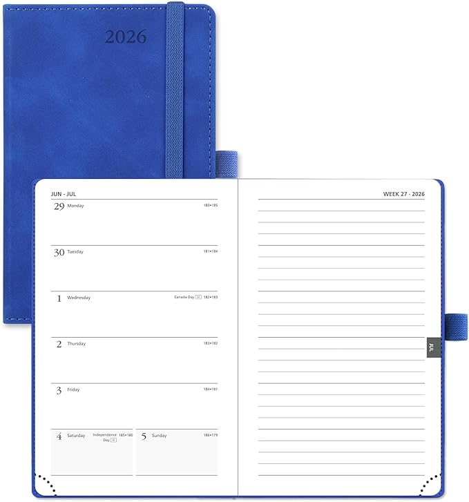 POPRUN Weekly Planner 2026 Pocket Size Calendar (4" x 6.25") 12 Months Notebook with Horizontal Layout, Leather Soft Cover, Inner Pocket, 100GSM Thick Paper, Pen Holder - Royal Blue