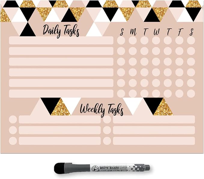 Dry Erase Whiteboard Task Planner | Removable and Restickable Adhesive Decal | Fine-Tip Magnetic Marker Included (9 x 12 inches, Triangles)