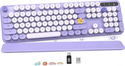 Wireless Keyboard, Round Keycaps, Retro Typewriter Keyboard with Detachable Wrist Rest, Sleep Mode, Foldable Legs, 2.4GHz Full-size Cordless Computer Keyboard for Windows/PC/Laptop (Colorful-Purple)