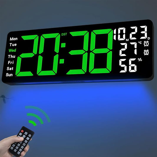 JoFomp 17.3" Large Digital Wall Clock, LED Digital Clock Large Display with Remote Control, Alarm Clock with Temp/DST/Dimmer/Humidity/Timer/Ambient Light - 12/24H, Alarm Wall Clock for Bedroom