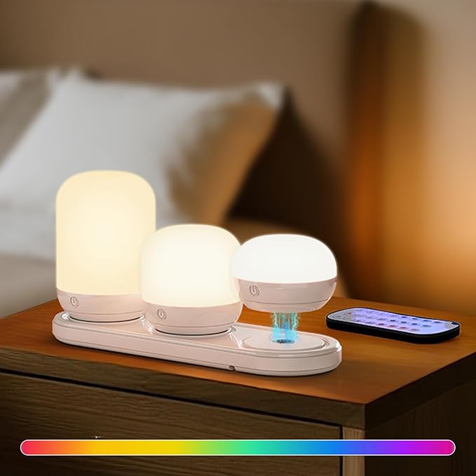 SUNMORY Rechargeable Night Light, Small Table Lamp for Bedroom, Dimmable Bedside Lamp with Magnetic Charging Station, Cordless Nightstand Lamp, LED Lights with 12 RGB Colors, Timer & Remote Control